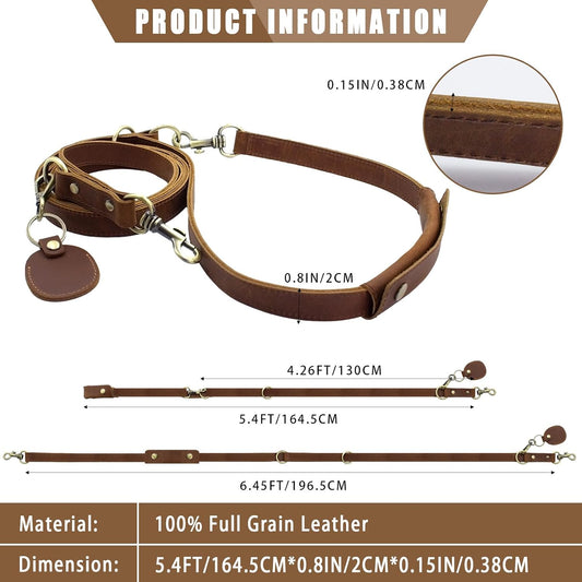 Heavy Duty Leather Dog Leash, Genuine Leather Dog Leash with Padded Handle & Tracker Holder, Durable Lead for Small Medium Large Dogs Walking Running Hiking, Brown