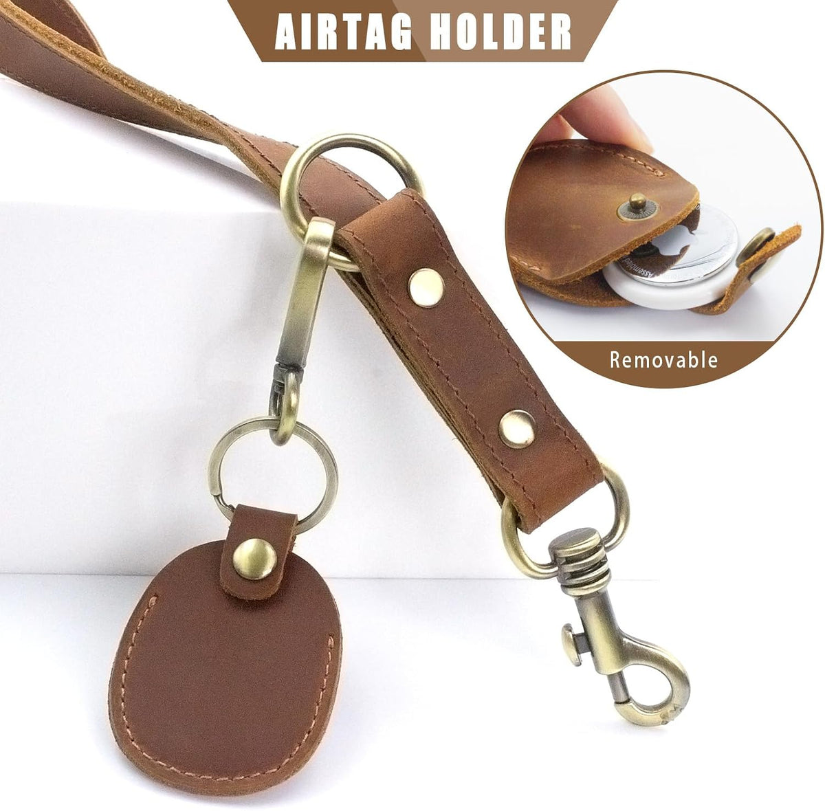 Heavy Duty Leather Dog Leash, Genuine Leather Dog Leash with Padded Handle & Tracker Holder, Durable Lead for Small Medium Large Dogs Walking Running Hiking, Brown