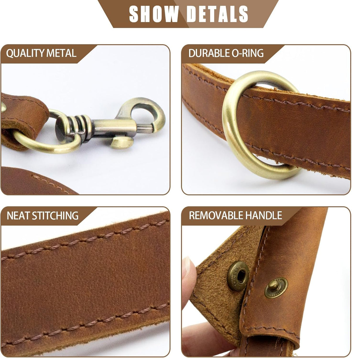 Heavy Duty Leather Dog Leash, Genuine Leather Dog Leash with Padded Handle & Tracker Holder, Durable Lead for Small Medium Large Dogs Walking Running Hiking, Brown