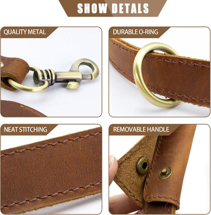 Heavy Duty Leather Dog Leash, Genuine Leather Dog Leash with Padded Handle & Tracker Holder, Durable Lead for Small Medium Large Dogs Walking Running Hiking, Brown