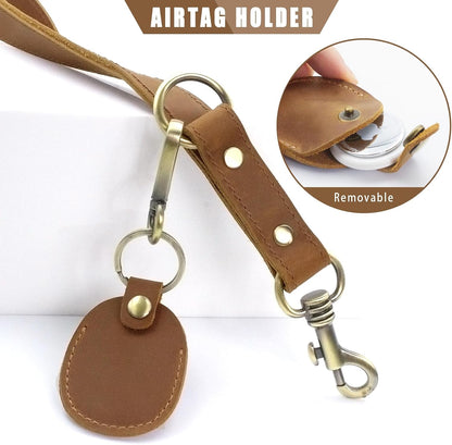 Heavy Duty Leather Dog Leash, Genuine Leather Dog Leash with Padded Handle & Tracker Holder, Durable Lead for Small Medium Large Dogs Walking Running Hiking, Brown