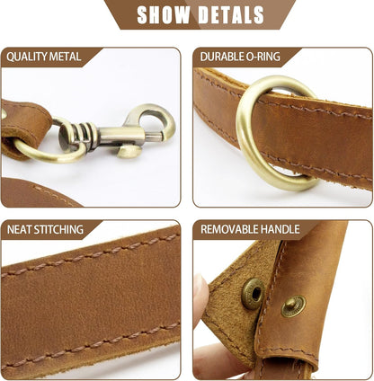 Heavy Duty Leather Dog Leash, Genuine Leather Dog Leash with Padded Handle & Tracker Holder, Durable Lead for Small Medium Large Dogs Walking Running Hiking, Brown