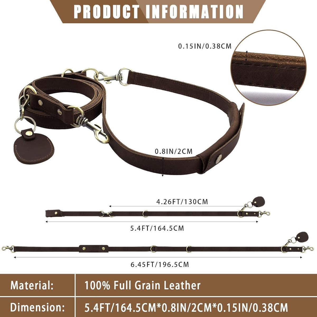 Heavy Duty Leather Dog Leash, Genuine Leather Dog Leash with Padded Handle & Tracker Holder, Durable Lead for Small Medium Large Dogs Walking Running Hiking, Brown