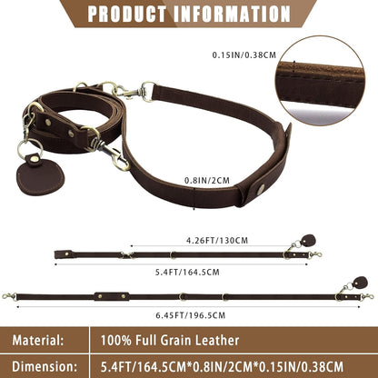 Heavy Duty Leather Dog Leash, Genuine Leather Dog Leash with Padded Handle & Tracker Holder, Durable Lead for Small Medium Large Dogs Walking Running Hiking, Brown