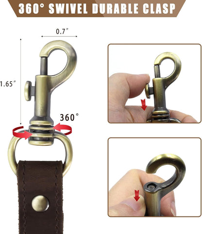 Heavy Duty Leather Dog Leash, Genuine Leather Dog Leash with Padded Handle & Tracker Holder, Durable Lead for Small Medium Large Dogs Walking Running Hiking, Brown