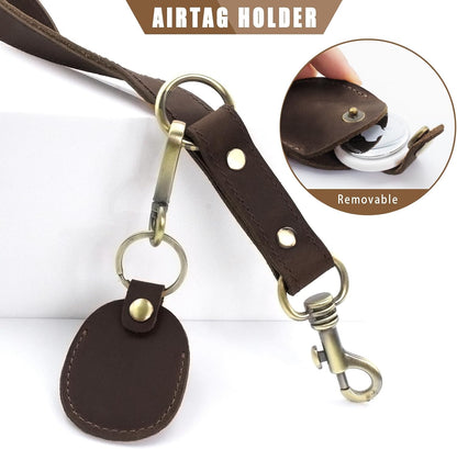 Heavy Duty Leather Dog Leash, Genuine Leather Dog Leash with Padded Handle & Tracker Holder, Durable Lead for Small Medium Large Dogs Walking Running Hiking, Brown