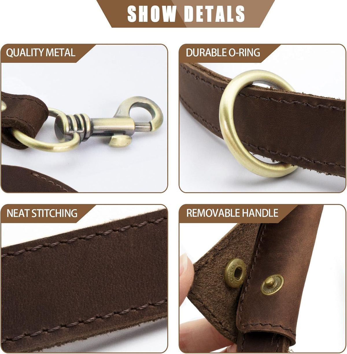 Heavy Duty Leather Dog Leash, Genuine Leather Dog Leash with Padded Handle & Tracker Holder, Durable Lead for Small Medium Large Dogs Walking Running Hiking, Brown
