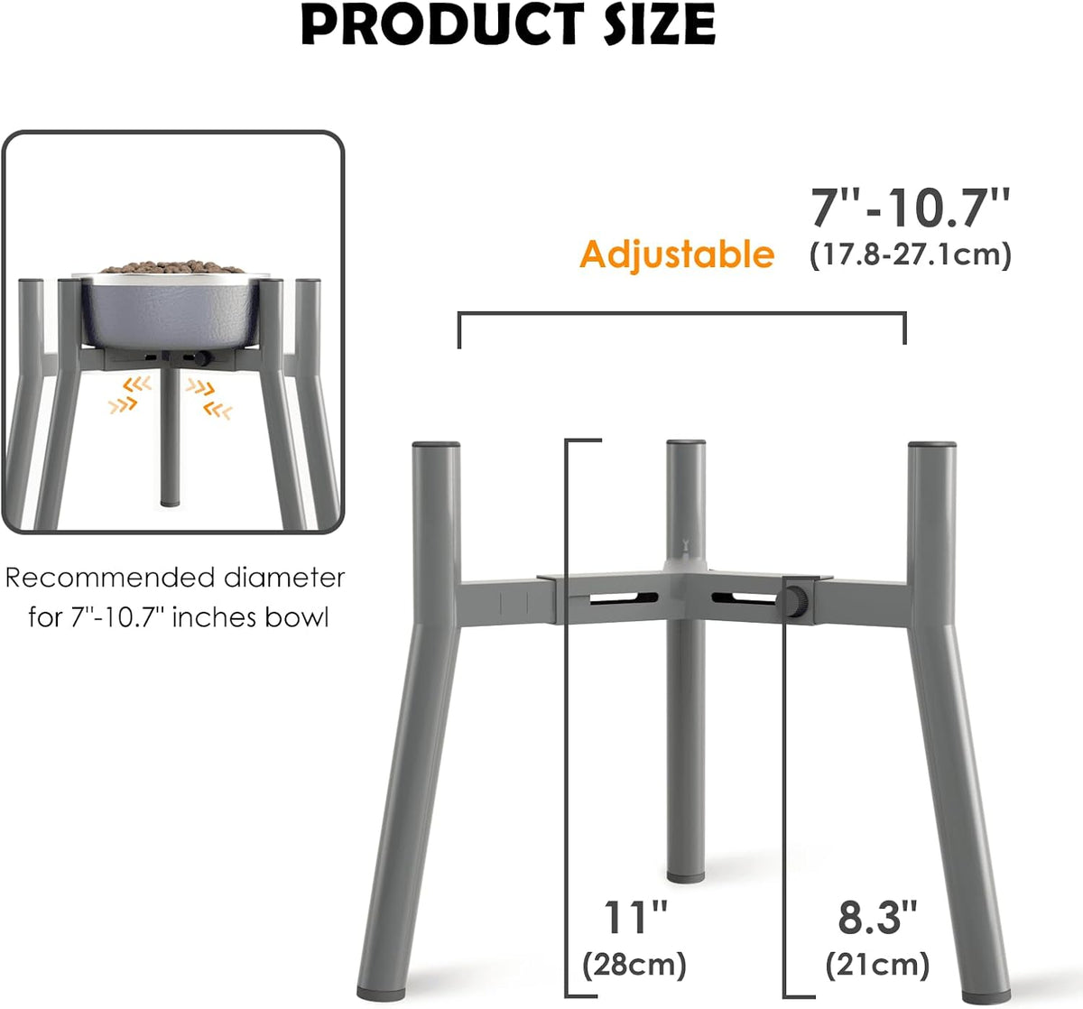 Grey Metal Stand for Large Dogs, Adjustable Width Tall Elevated Bowls for 7-10.6" Dishes, Food Water Feeder, Raised Holder, 11" Tall (Bowl Not Included)