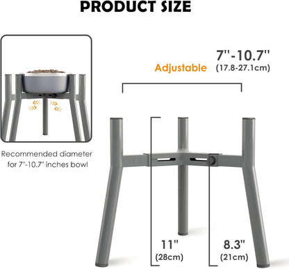 Grey Metal Stand for Large Dogs, Adjustable Width Tall Elevated Bowls for 7-10.6" Dishes, Food Water Feeder, Raised Holder, 11" Tall (Bowl Not Included)