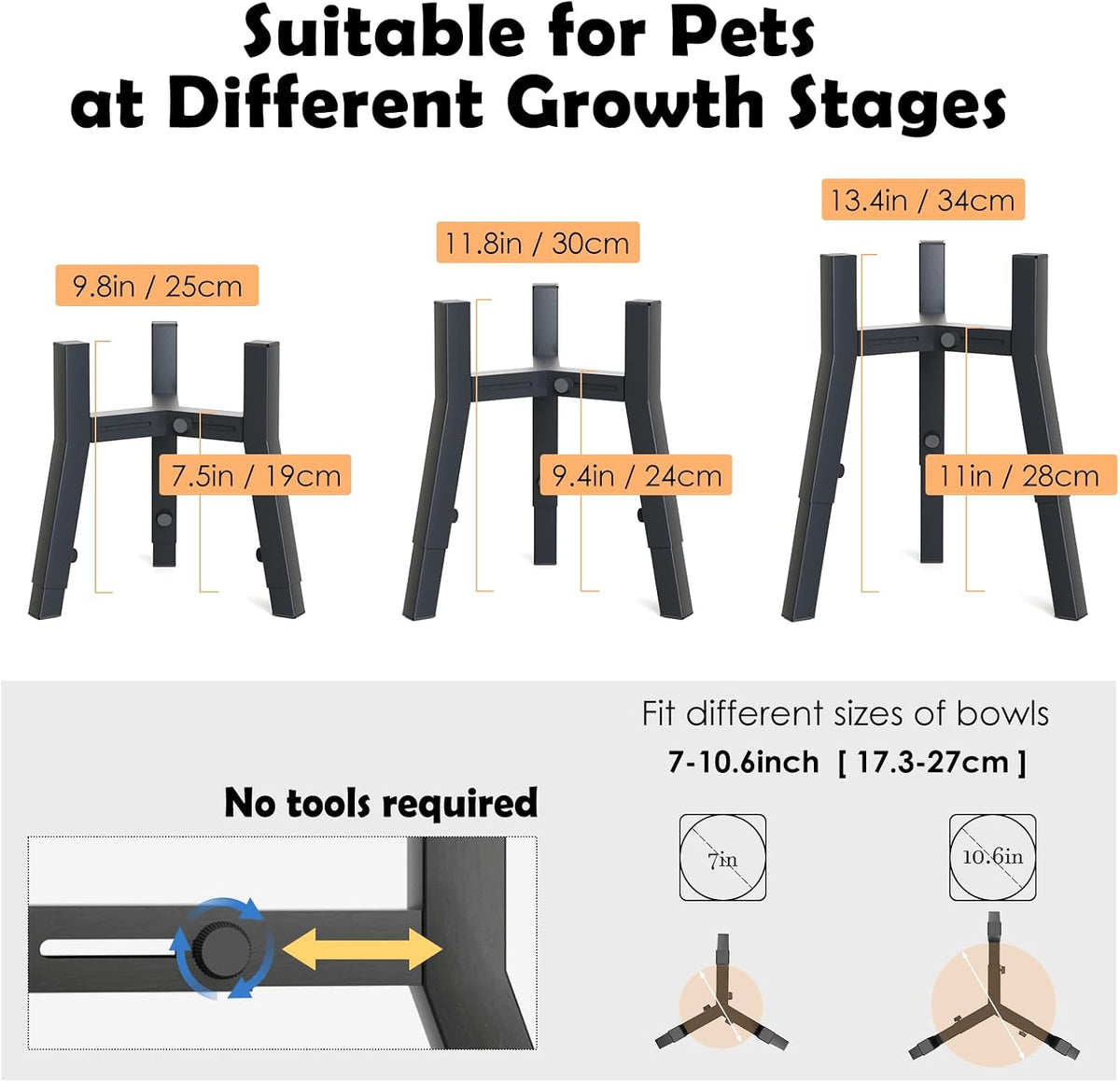 Grey Metal Stand for Large Dogs, Adjustable Width Tall Elevated Bowls for 7-10.6" Dishes, Food Water Feeder, Raised Holder, 11" Tall (Bowl Not Included)