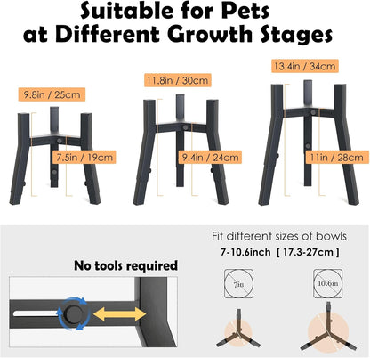 Grey Metal Stand for Large Dogs, Adjustable Width Tall Elevated Bowls for 7-10.6" Dishes, Food Water Feeder, Raised Holder, 11" Tall (Bowl Not Included)