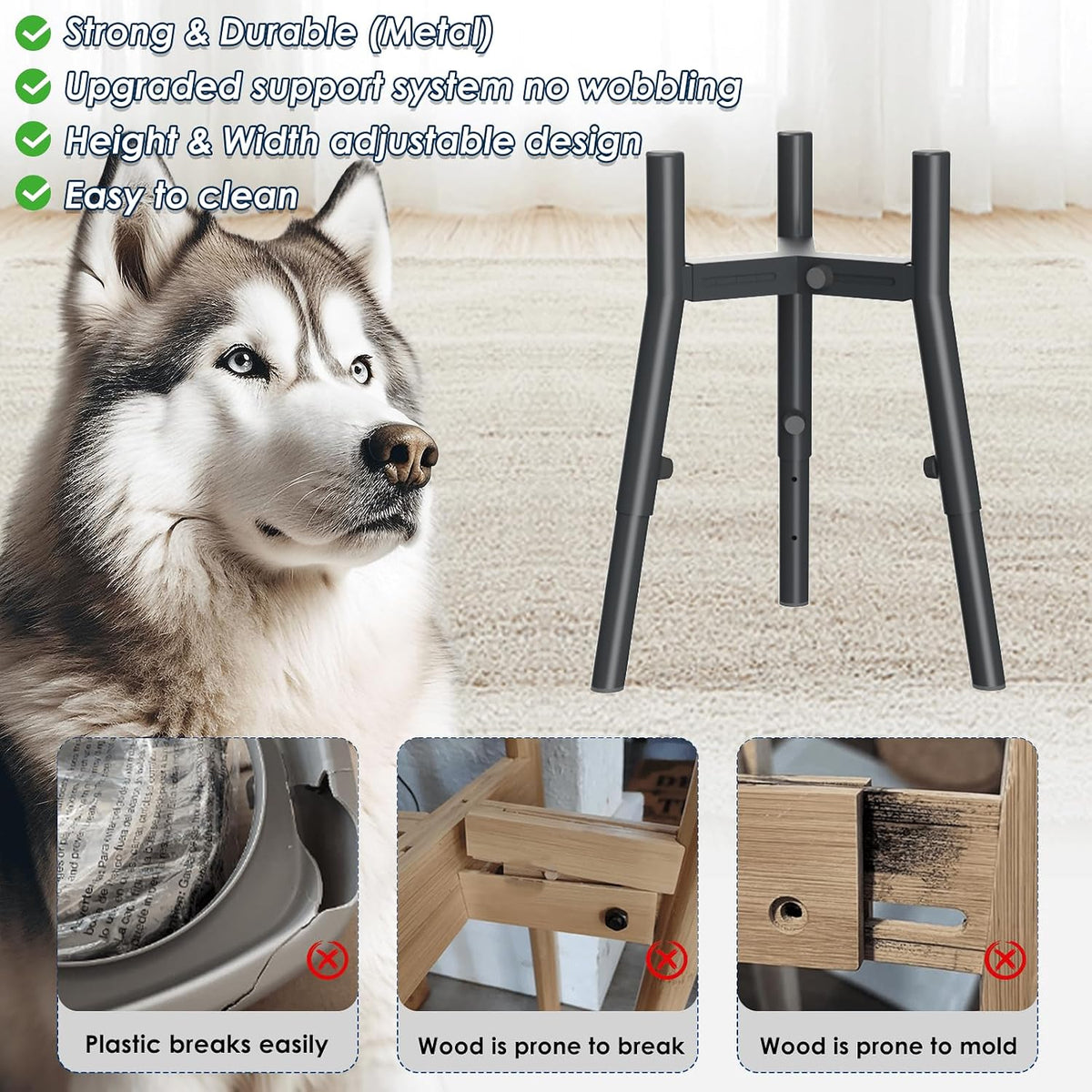 Grey Metal Stand for Large Dogs, Adjustable Width Tall Elevated Bowls for 7-10.6" Dishes, Food Water Feeder, Raised Holder, 11" Tall (Bowl Not Included)