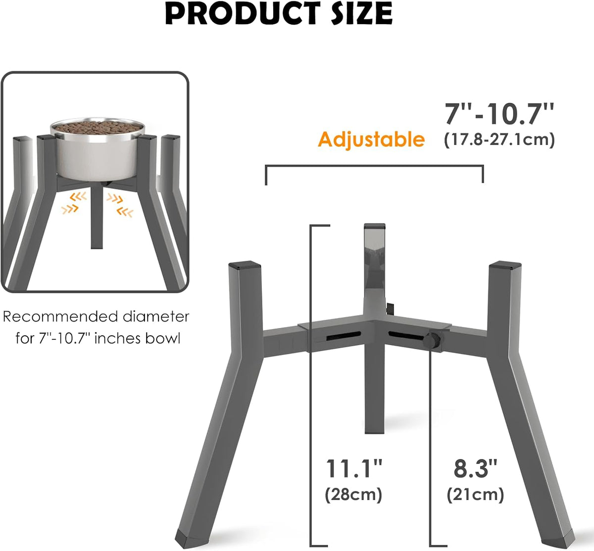 Grey Metal Stand for Large Dogs, Adjustable Width Tall Elevated Bowls for 7-10.6" Dishes, Food Water Feeder, Raised Holder, 11" Tall (Bowl Not Included)