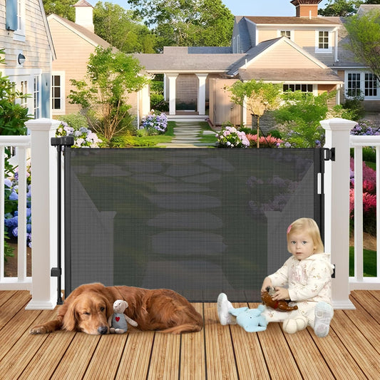 100" Wide Weatherproof Outdoor Retractable Dog Gate with No Rust Screws and Rods, Waterproof 8 Ft Retractable Baby Gates Extra Wide, Scratch-Resistant Mesh Long Baby Gates Indoor Extra Long, Gray