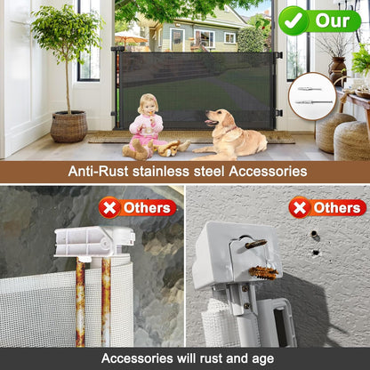100" Wide Weatherproof Outdoor Retractable Dog Gate with No Rust Screws and Rods, Waterproof 8 Ft Retractable Baby Gates Extra Wide, Scratch-Resistant Mesh Long Baby Gates Indoor Extra Long, Gray