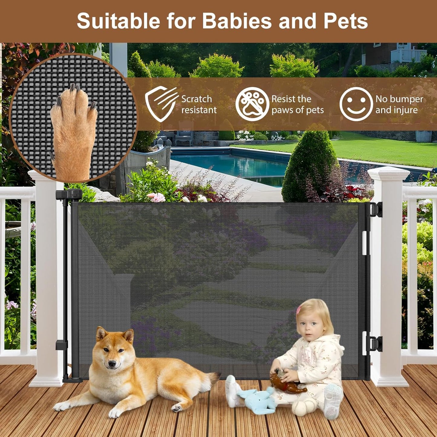 100" Wide Weatherproof Outdoor Retractable Dog Gate with No Rust Screws and Rods, Waterproof 8 Ft Retractable Baby Gates Extra Wide, Scratch-Resistant Mesh Long Baby Gates Indoor Extra Long, Gray
