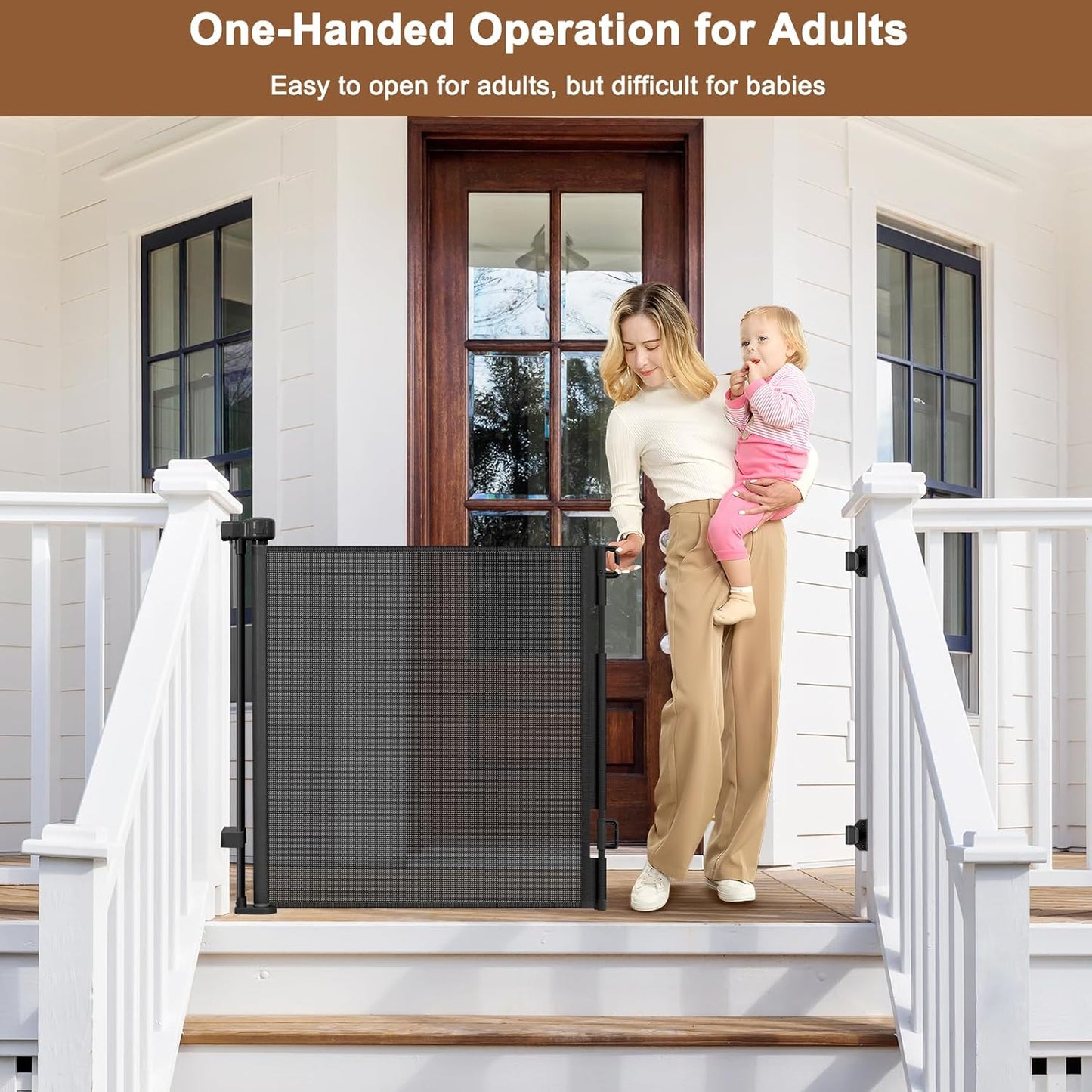 100" Wide Weatherproof Outdoor Retractable Dog Gate with No Rust Screws and Rods, Waterproof 8 Ft Retractable Baby Gates Extra Wide, Scratch-Resistant Mesh Long Baby Gates Indoor Extra Long, Gray