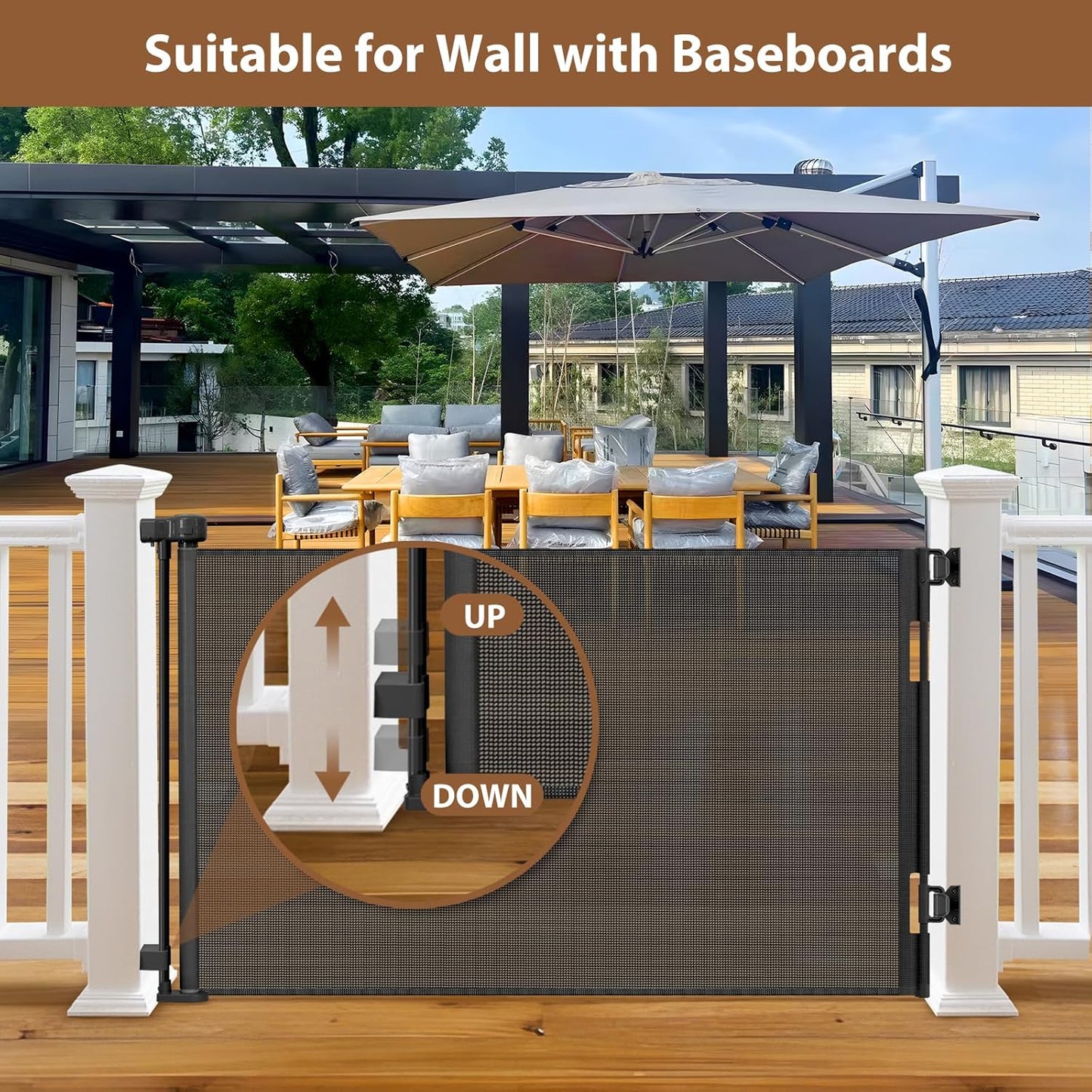 100" Wide Weatherproof Outdoor Retractable Dog Gate with No Rust Screws and Rods, Waterproof 8 Ft Retractable Baby Gates Extra Wide, Scratch-Resistant Mesh Long Baby Gates Indoor Extra Long, Gray