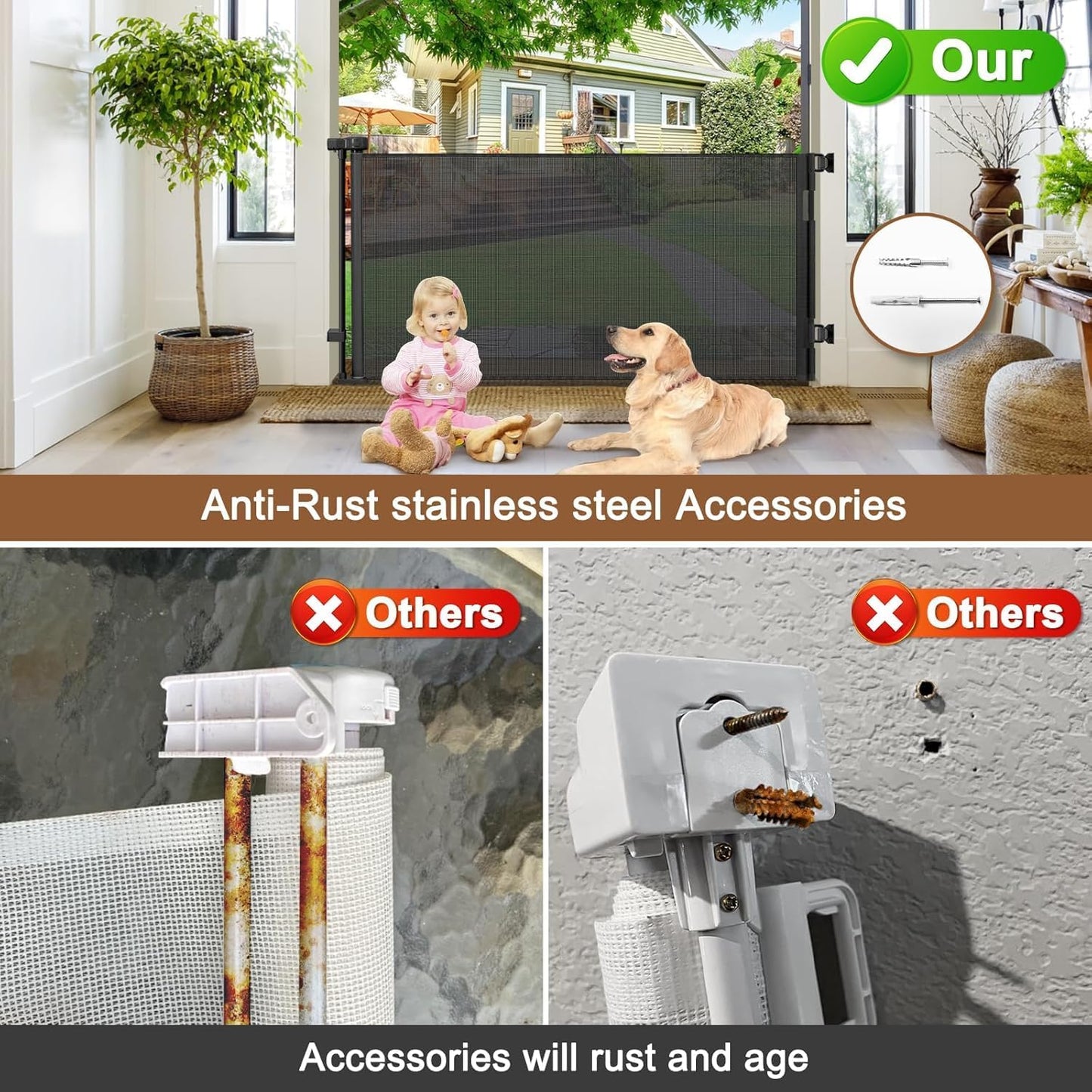 100" Wide Weatherproof Outdoor Retractable Dog Gate with No Rust Screws and Rods, Waterproof 8 Ft Retractable Baby Gates Extra Wide, Scratch-Resistant Mesh Long Baby Gates Indoor Extra Long, Gray