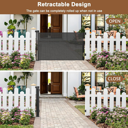 100" Wide Weatherproof Outdoor Retractable Dog Gate with No Rust Screws and Rods, Waterproof 8 Ft Retractable Baby Gates Extra Wide, Scratch-Resistant Mesh Long Baby Gates Indoor Extra Long, Gray