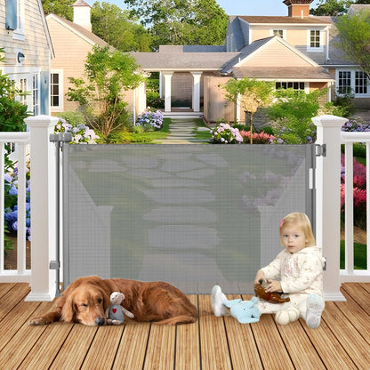 100" Wide Weatherproof Outdoor Retractable Dog Gate with No Rust Screws and Rods, Waterproof 8 Ft Retractable Baby Gates Extra Wide, Scratch-Resistant Mesh Long Baby Gates Indoor Extra Long, Gray