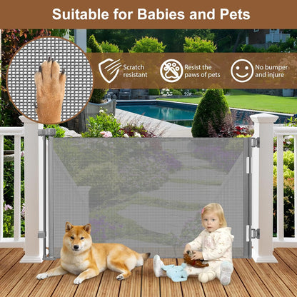100" Wide Weatherproof Outdoor Retractable Dog Gate with No Rust Screws and Rods, Waterproof 8 Ft Retractable Baby Gates Extra Wide, Scratch-Resistant Mesh Long Baby Gates Indoor Extra Long, Gray