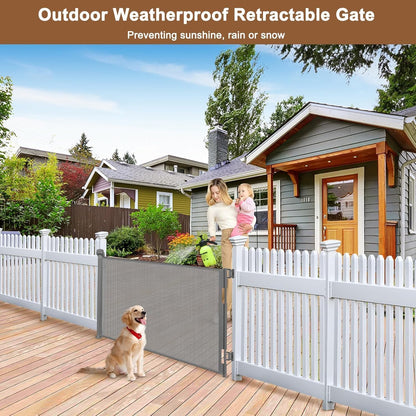 100" Wide Weatherproof Outdoor Retractable Dog Gate with No Rust Screws and Rods, Waterproof 8 Ft Retractable Baby Gates Extra Wide, Scratch-Resistant Mesh Long Baby Gates Indoor Extra Long, Gray