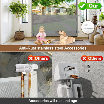 100" Wide Weatherproof Outdoor Retractable Dog Gate with No Rust Screws and Rods, Waterproof 8 Ft Retractable Baby Gates Extra Wide, Scratch-Resistant Mesh Long Baby Gates Indoor Extra Long, Gray