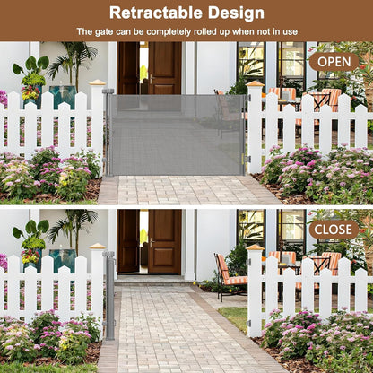 100" Wide Weatherproof Outdoor Retractable Dog Gate with No Rust Screws and Rods, Waterproof 8 Ft Retractable Baby Gates Extra Wide, Scratch-Resistant Mesh Long Baby Gates Indoor Extra Long, Gray