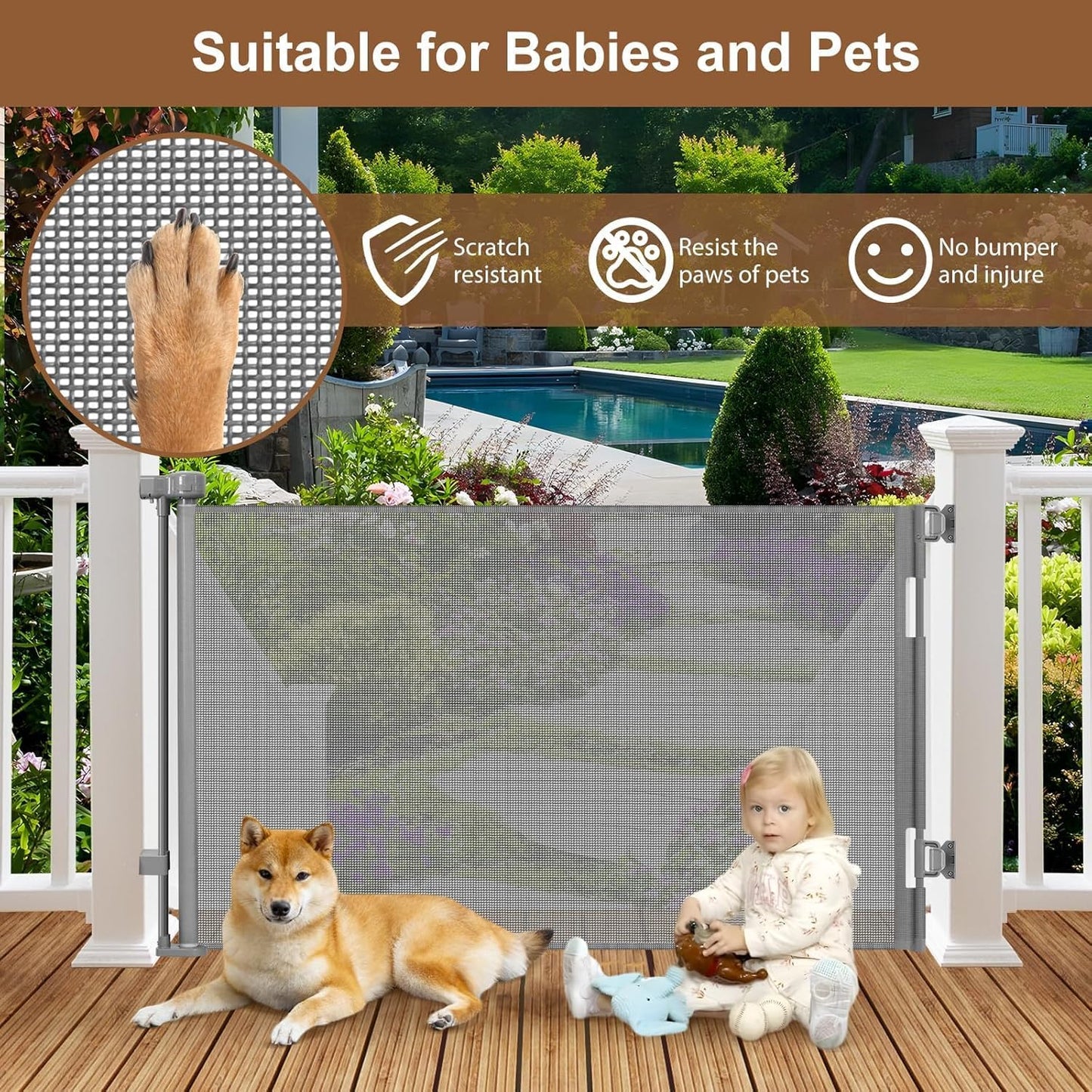 100" Wide Weatherproof Outdoor Retractable Dog Gate with No Rust Screws and Rods, Waterproof 8 Ft Retractable Baby Gates Extra Wide, Scratch-Resistant Mesh Long Baby Gates Indoor Extra Long, Gray