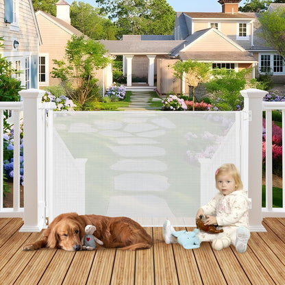 100" Wide Weatherproof Outdoor Retractable Dog Gate with No Rust Screws and Rods, Waterproof 8 Ft Retractable Baby Gates Extra Wide, Scratch-Resistant Mesh Long Baby Gates Indoor Extra Long, Gray