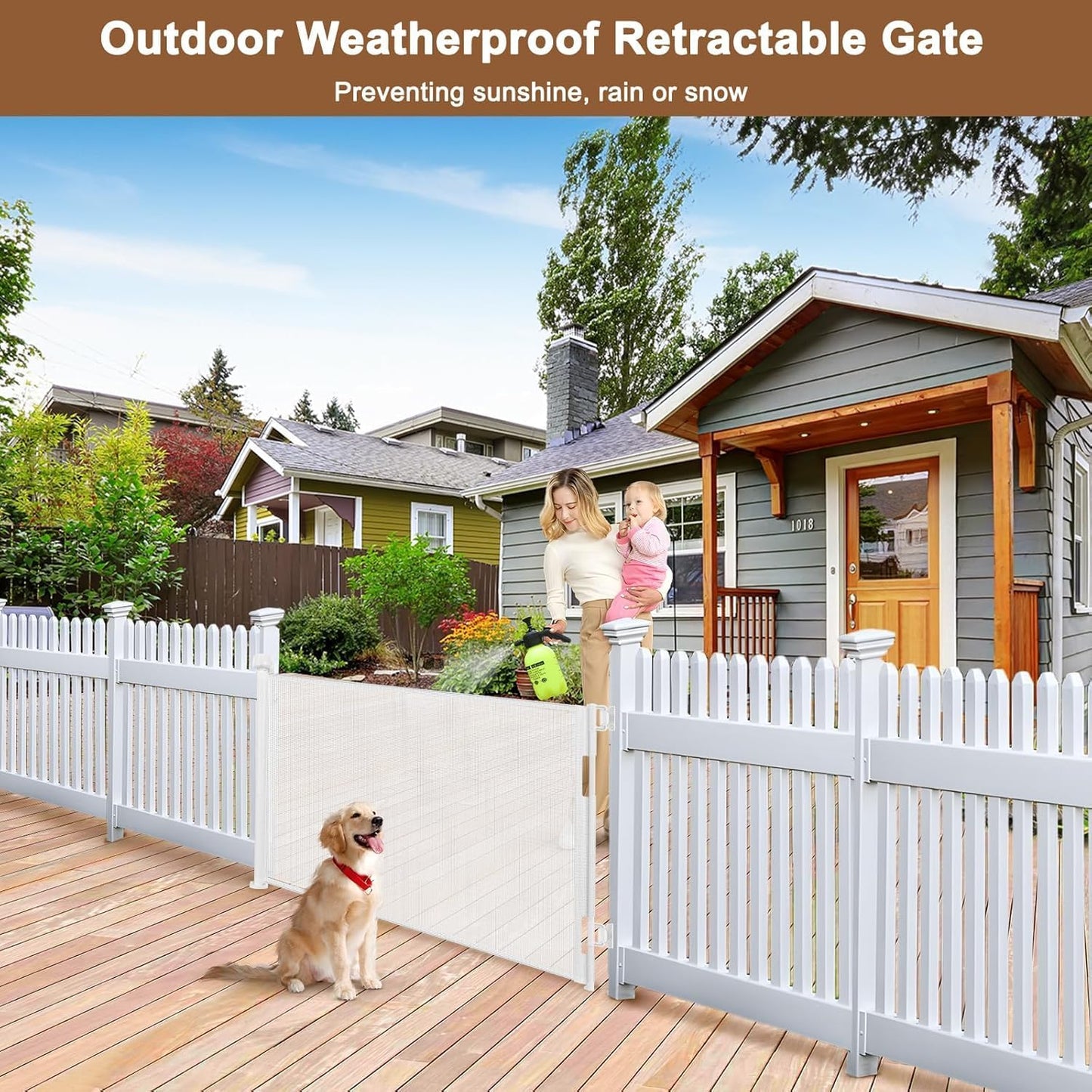 100" Wide Weatherproof Outdoor Retractable Dog Gate with No Rust Screws and Rods, Waterproof 8 Ft Retractable Baby Gates Extra Wide, Scratch-Resistant Mesh Long Baby Gates Indoor Extra Long, Gray