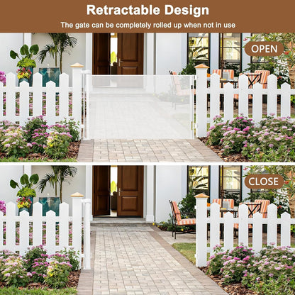 100" Wide Weatherproof Outdoor Retractable Dog Gate with No Rust Screws and Rods, Waterproof 8 Ft Retractable Baby Gates Extra Wide, Scratch-Resistant Mesh Long Baby Gates Indoor Extra Long, Gray