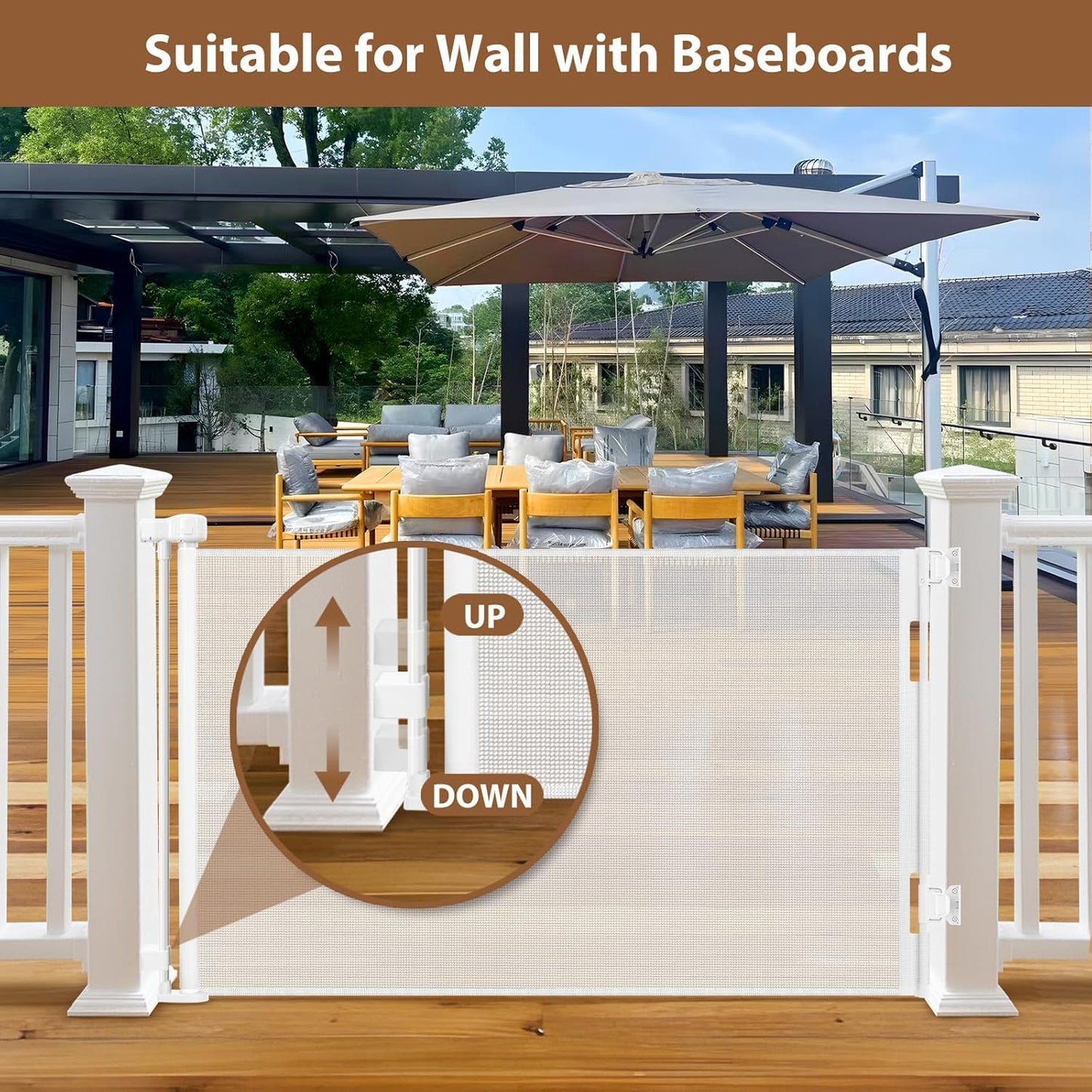 100" Wide Weatherproof Outdoor Retractable Dog Gate with No Rust Screws and Rods, Waterproof 8 Ft Retractable Baby Gates Extra Wide, Scratch-Resistant Mesh Long Baby Gates Indoor Extra Long, Gray