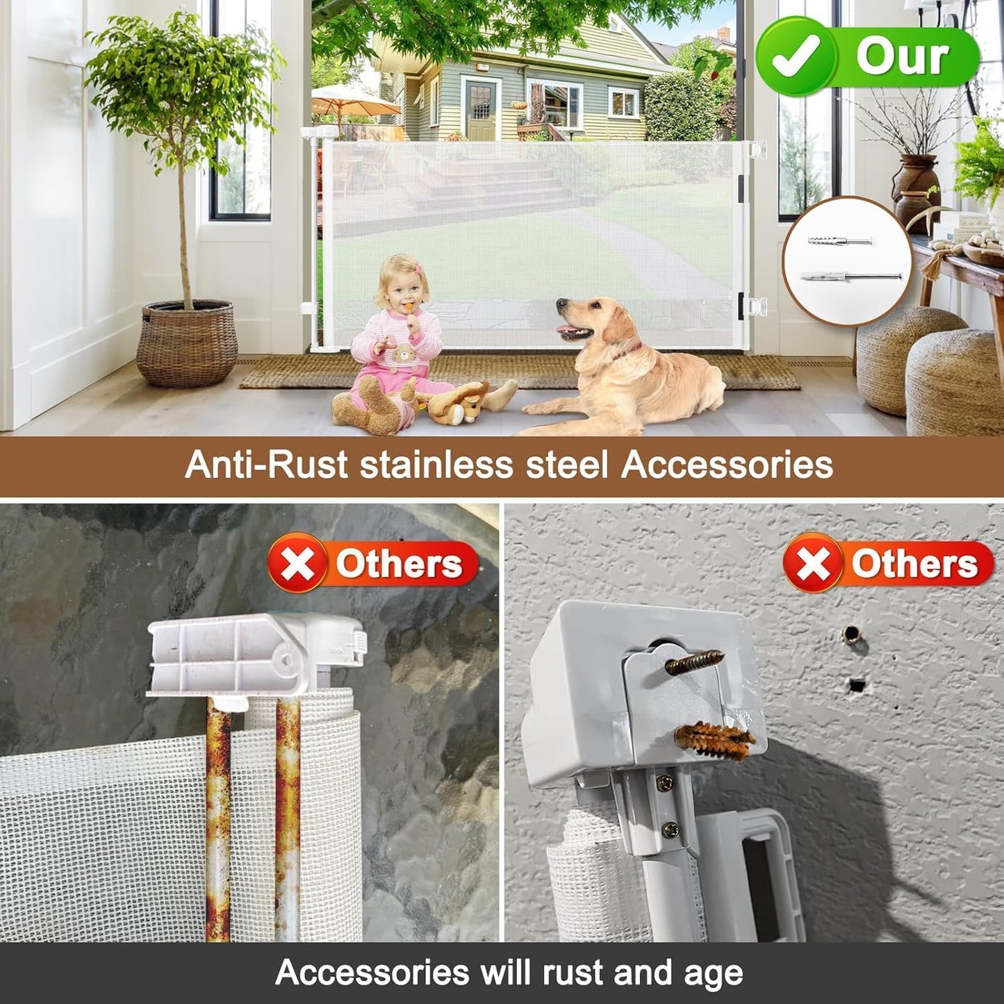 100" Wide Weatherproof Outdoor Retractable Dog Gate with No Rust Screws and Rods, Waterproof 8 Ft Retractable Baby Gates Extra Wide, Scratch-Resistant Mesh Long Baby Gates Indoor Extra Long, Gray