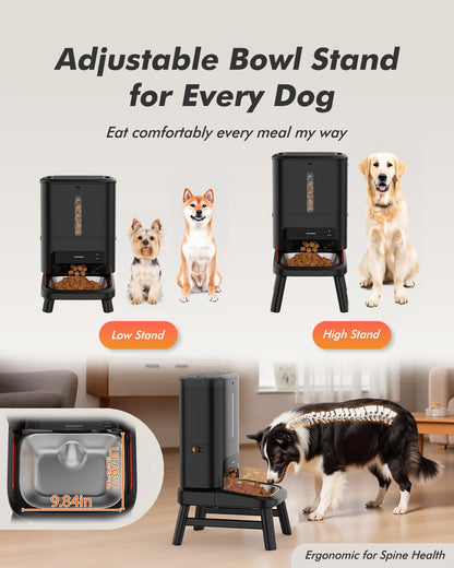 Automatic Dog Feeder for Large Breed with Camera - 15L/ 64 Cups Anti-Clog 5G WiFi Dog Food Dispenser for 2-23mm Kibble, Elevated Stand, Large Food Tray, 1080P HD Video with Night Vision, Keeps Fresh