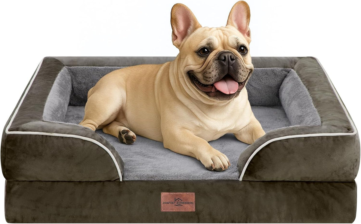 Waterproof Orthopedic Dog Bed for Extra Large Dogs | Supportive Egg Crate Foam XL Pet Bed with Removable Bolster, Dog Couch with Washable Cover & Non-Slip Bottom, 42x30 Inch - Colors A