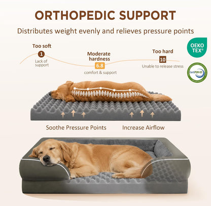 Waterproof Orthopedic Dog Bed for Extra Large Dogs | Supportive Egg Crate Foam XL Pet Bed with Removable Bolster, Dog Couch with Washable Cover & Non-Slip Bottom, 42x30 Inch - Colors A