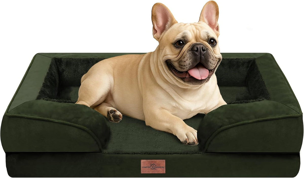 Waterproof Orthopedic Dog Bed for Extra Large Dogs | Supportive Egg Crate Foam XL Pet Bed with Removable Bolster, Dog Couch with Washable Cover & Non-Slip Bottom, 42x30 Inch - Colors A