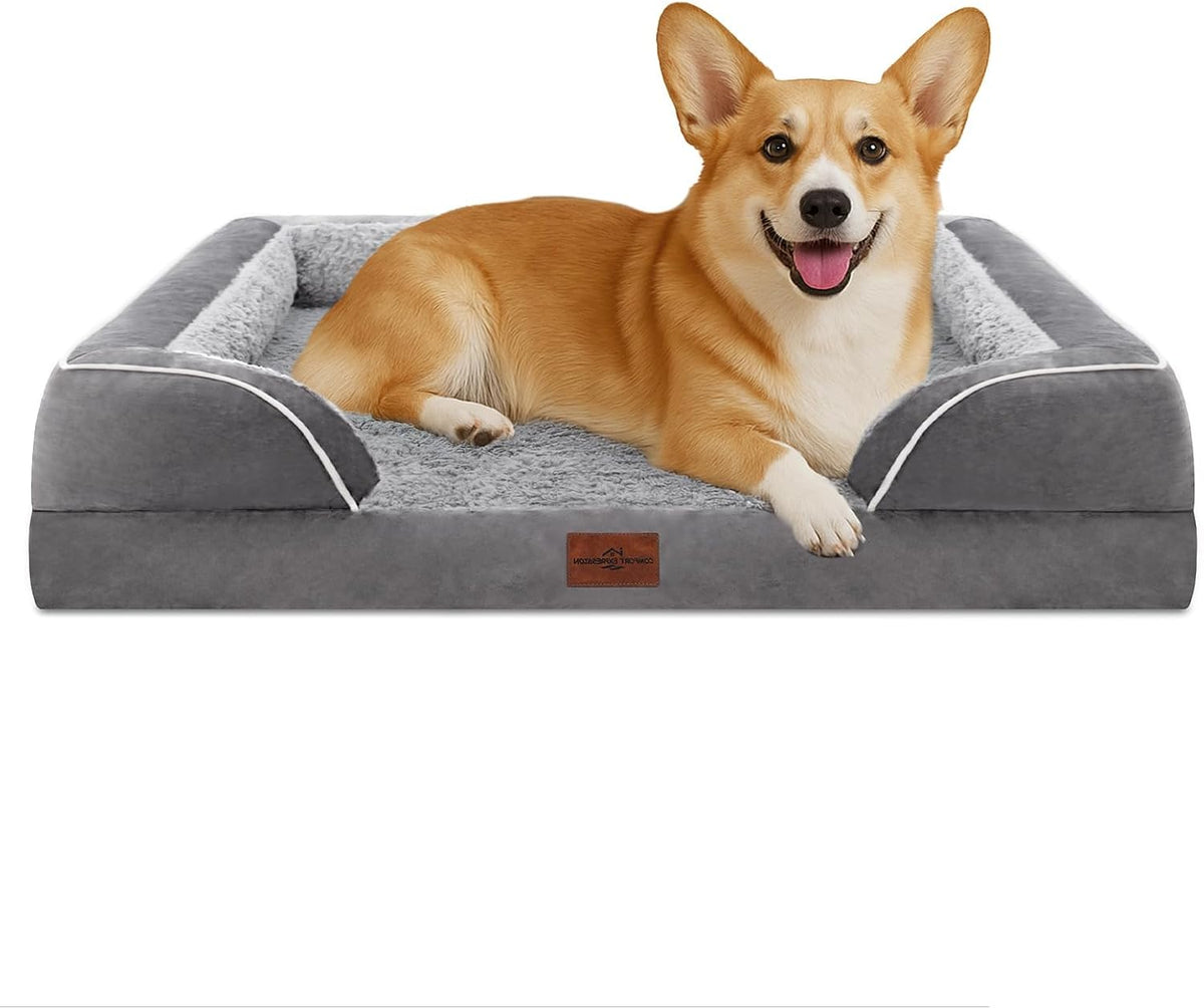 Waterproof Orthopedic Dog Bed for Extra Large Dogs | Supportive Egg Crate Foam XL Pet Bed with Removable Bolster, Dog Couch with Washable Cover & Non-Slip Bottom, 42x30 Inch - Colors A