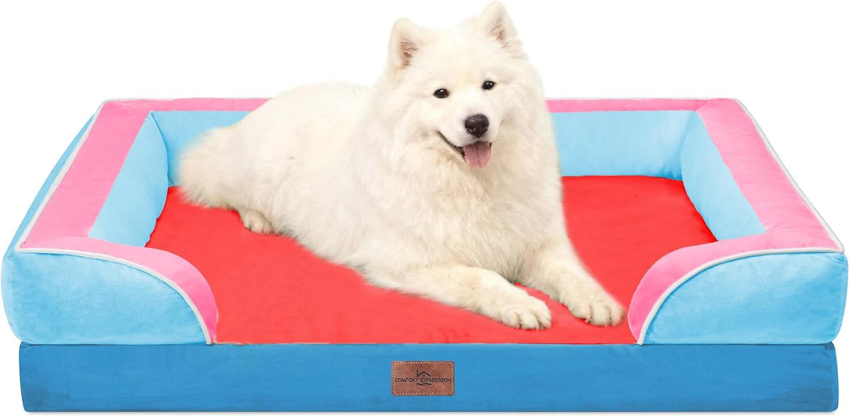 Waterproof Orthopedic Dog Bed for Extra Large Dogs | Supportive Egg Crate Foam XL Pet Bed with Removable Bolster, Dog Couch with Washable Cover & Non-Slip Bottom, 42x30 Inch - Colors A