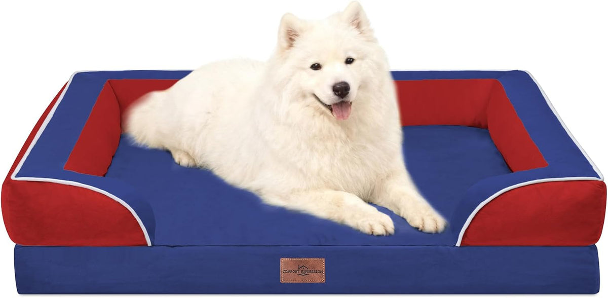 Waterproof Orthopedic Dog Bed for Extra Large Dogs | Supportive Egg Crate Foam XL Pet Bed with Removable Bolster, Dog Couch with Washable Cover & Non-Slip Bottom, 42x30 Inch - Colors A