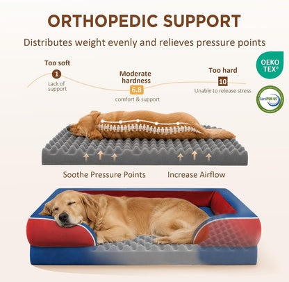 Waterproof Orthopedic Dog Bed for Extra Large Dogs | Supportive Egg Crate Foam XL Pet Bed with Removable Bolster, Dog Couch with Washable Cover & Non-Slip Bottom, 42x30 Inch - Colors A