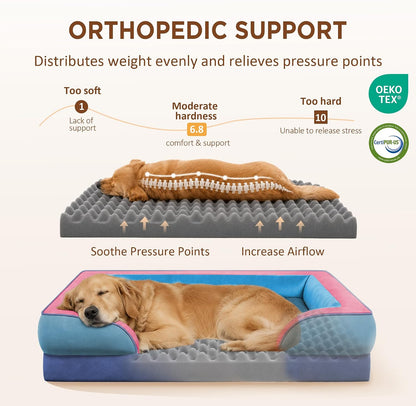 Waterproof Orthopedic Dog Bed for Extra Large Dogs | Supportive Egg Crate Foam XL Pet Bed with Removable Bolster, Dog Couch with Washable Cover & Non-Slip Bottom, 42x30 Inch - Colors A