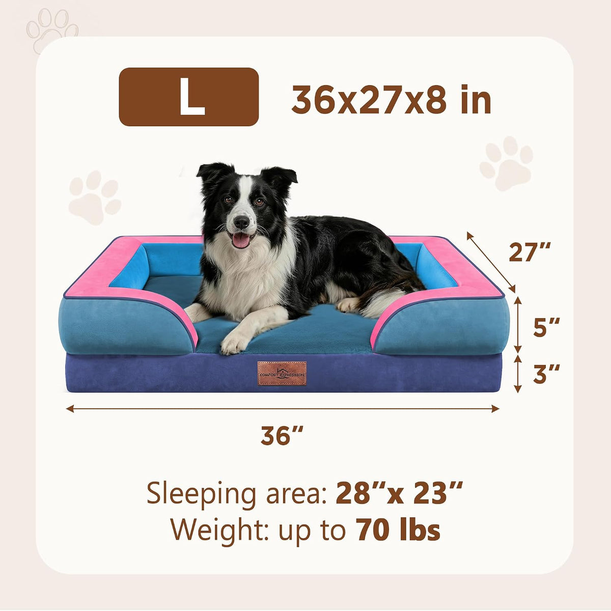 Waterproof Orthopedic Dog Bed for Extra Large Dogs | Supportive Egg Crate Foam XL Pet Bed with Removable Bolster, Dog Couch with Washable Cover & Non-Slip Bottom, 42x30 Inch - Colors A