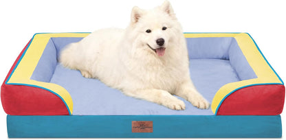 Waterproof Orthopedic Dog Bed for Extra Large Dogs | Supportive Egg Crate Foam XL Pet Bed with Removable Bolster, Dog Couch with Washable Cover & Non-Slip Bottom, 42x30 Inch - Colors A
