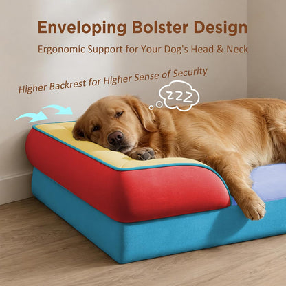 Waterproof Orthopedic Dog Bed for Extra Large Dogs | Supportive Egg Crate Foam XL Pet Bed with Removable Bolster, Dog Couch with Washable Cover & Non-Slip Bottom, 42x30 Inch - Colors A