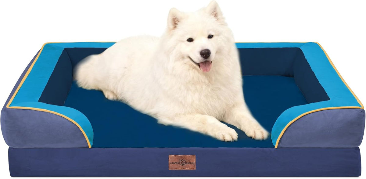 Waterproof Orthopedic Dog Bed for Extra Large Dogs | Supportive Egg Crate Foam XL Pet Bed with Removable Bolster, Dog Couch with Washable Cover & Non-Slip Bottom, 42x30 Inch - Colors A