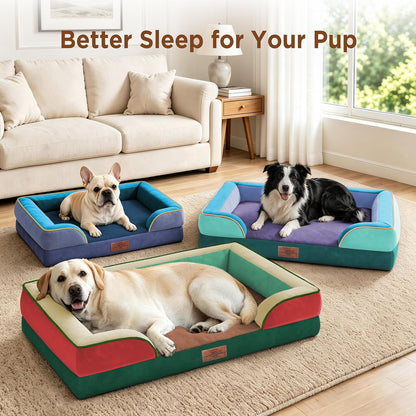Waterproof Orthopedic Dog Bed for Extra Large Dogs | Supportive Egg Crate Foam XL Pet Bed with Removable Bolster, Dog Couch with Washable Cover & Non-Slip Bottom, 42x30 Inch - Colors A