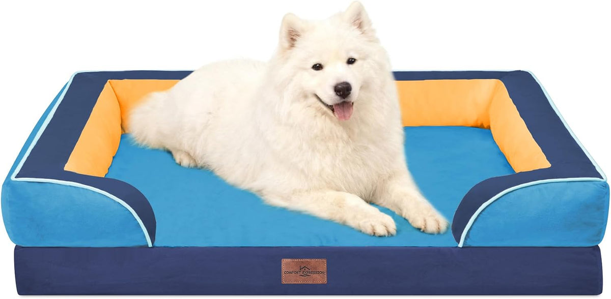 Waterproof Orthopedic Dog Bed for Extra Large Dogs | Supportive Egg Crate Foam XL Pet Bed with Removable Bolster, Dog Couch with Washable Cover & Non-Slip Bottom, 42x30 Inch - Colors A